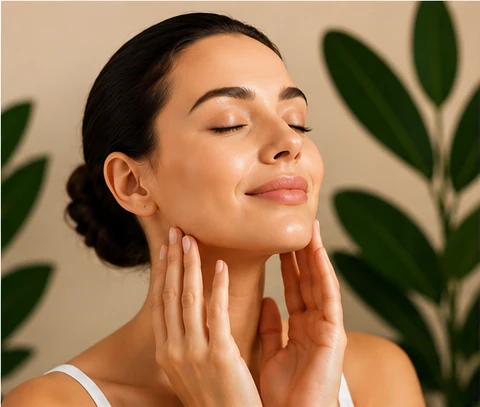 Woman with firm glowing skin after skin tightening treatment