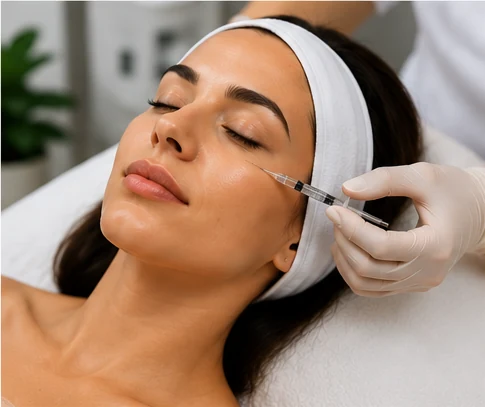 Non-surgical skin tightening injection treatment on woman's face