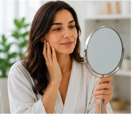 Woman checking firmer youthful-looking skin in mirror after treatment