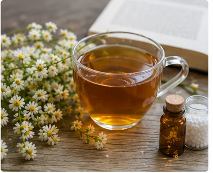 Natural herbal wellness setting with homeopathic remedies and tea