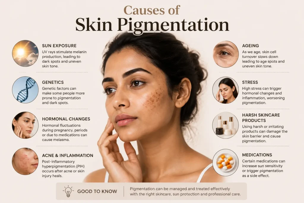 Common causes of skin pigmentation including sun exposure, melasma, acne marks, hormonal changes, and ageing