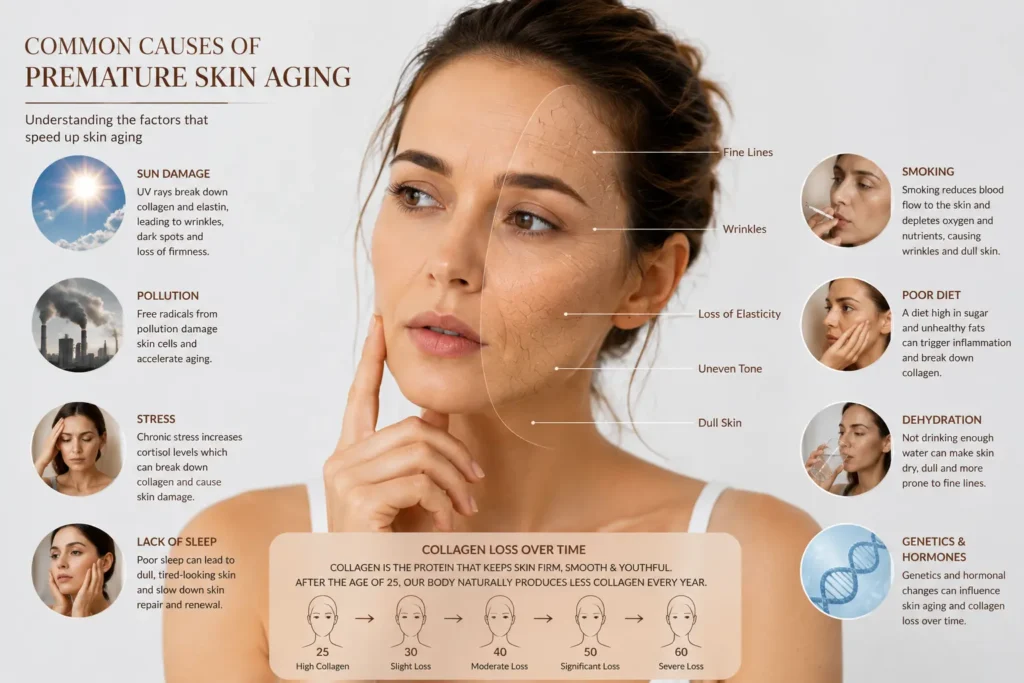 Common causes of premature skin aging including sun damage and collagen loss